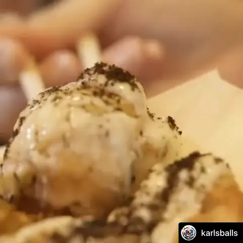 Animation from Karl's March 2024 Instagram post: a fuwa-toro takoyaki ball is lifted from the boat and stretches apart, captioned MOST AMERICANS WILL SEE THIS AS UNDERCOOKED, BUT ITS NOT. ITS A STYLE — Fuwatoro (Fuwa toro), Fluffy and gooey
