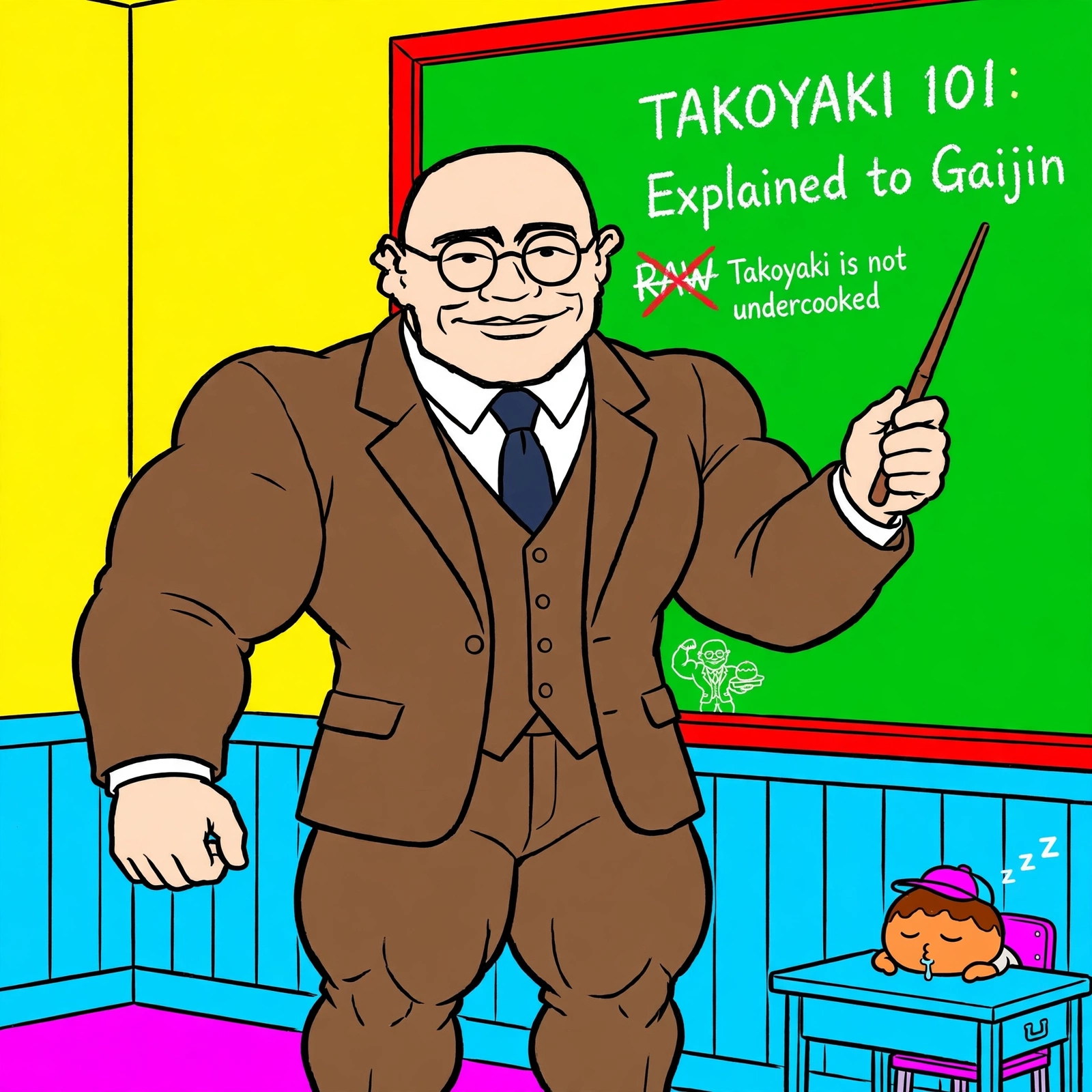 Professor BALLMAN at the chalkboard: TAKOYAKI 101 — Explained to Gaijin. RAW is crossed out: takoyaki is not undercooked.
